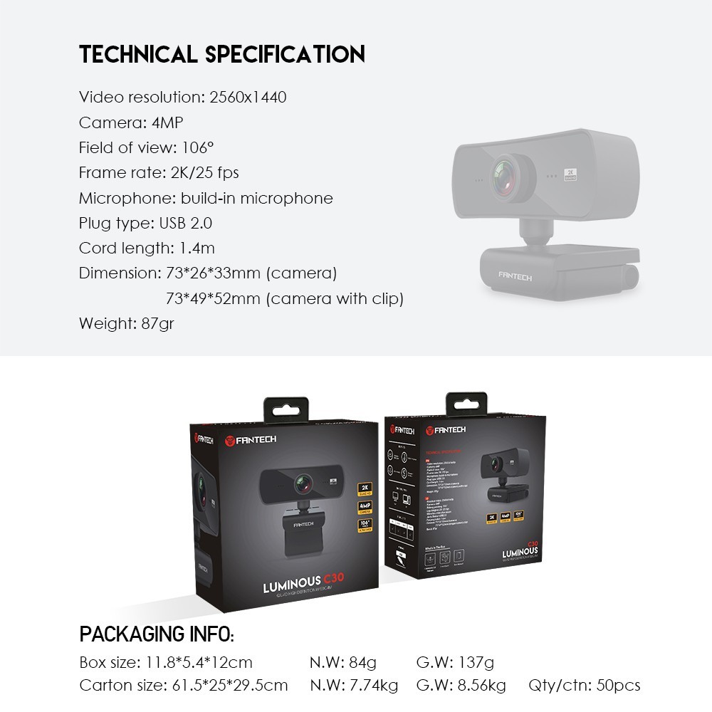 FANTECH WEBCAM LUMINOUS C30 1440P 2K QUAD HD USB Web Camera Webcam With Built-In Microphone
