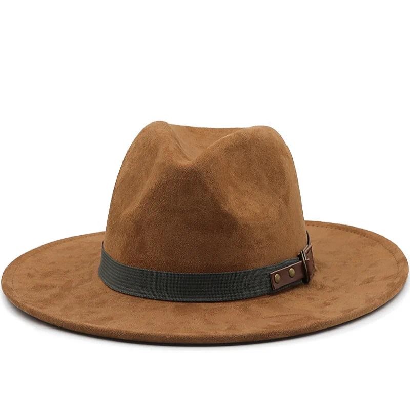 ผู้ชาย Suede Fedora Warm Jazz Chapeau Femme feutre ปานามา Felt ผู้หญิง Fedora เข็มขัดไข่มุก Vintage Trilby