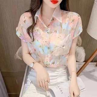 เสื้อเชิ้ตแขนสั้น ผ้าชีฟอง ลายดอกไม้ แนวแฟชั่นใหม่
