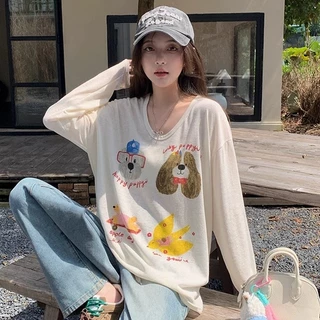 Suysuy พร้อมส่ง เสื้อยืด แขนยาว ทรงคอกว้าง งานผ้าฝ้าย บางๆ แต่งสกรีนลายการ์ตูน น่ารักมาก ใส่ได้หลายแบบ สำหรับผู้หญิง