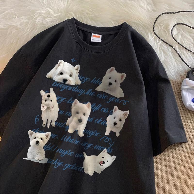 (จัดส่งตลอด 24 ชั่วโมง) เสื้อยืด Oversize ลาย "Cute Westie Dog" สไตล์เกาหลี งานพิมพ์สวย คอตตอน 100%