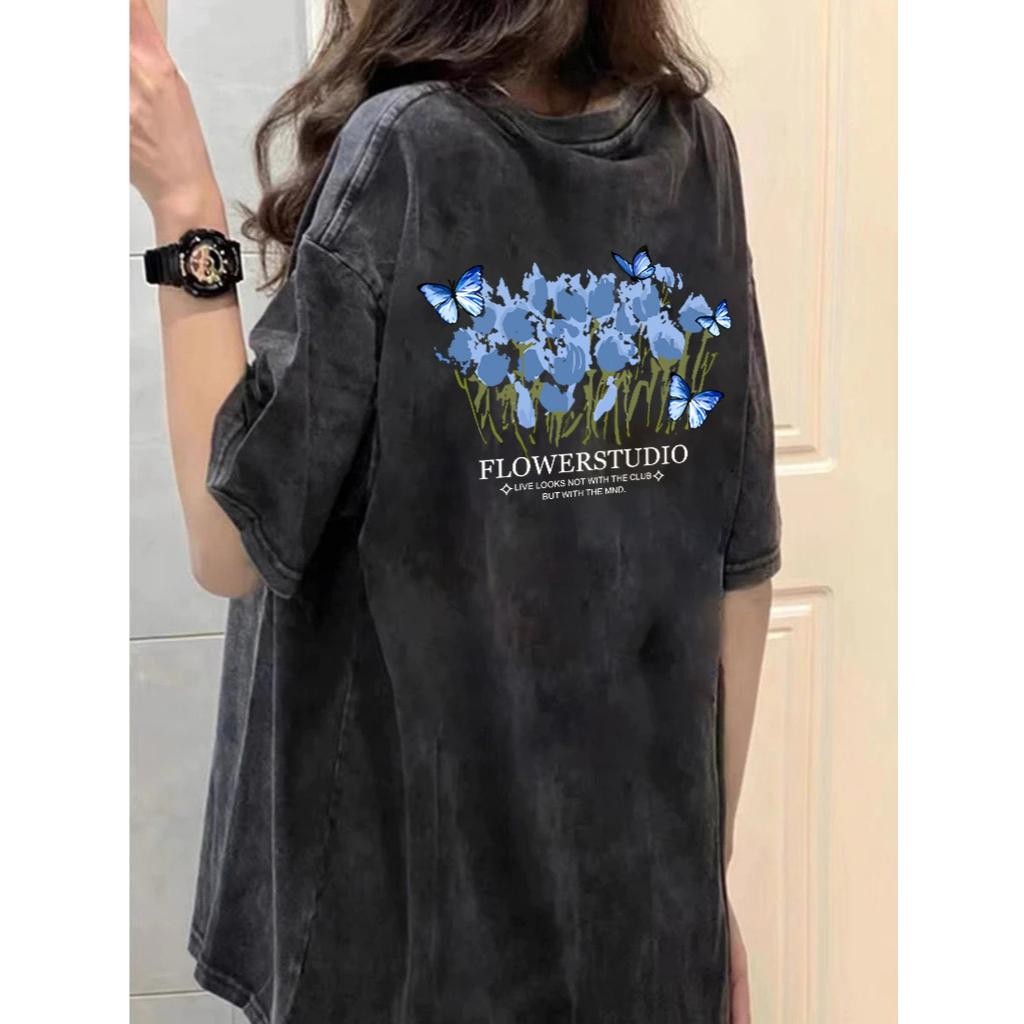 Teedy Tee💙เสื้อยืดไซส์ใหญ่ ผ้าฝ้าย100% เสื้อยืดคอกลม ลายพิมพ์ "FLOWERSTUDIO" อเมริกันย้อนยุค สวมใส่สบาย🌼