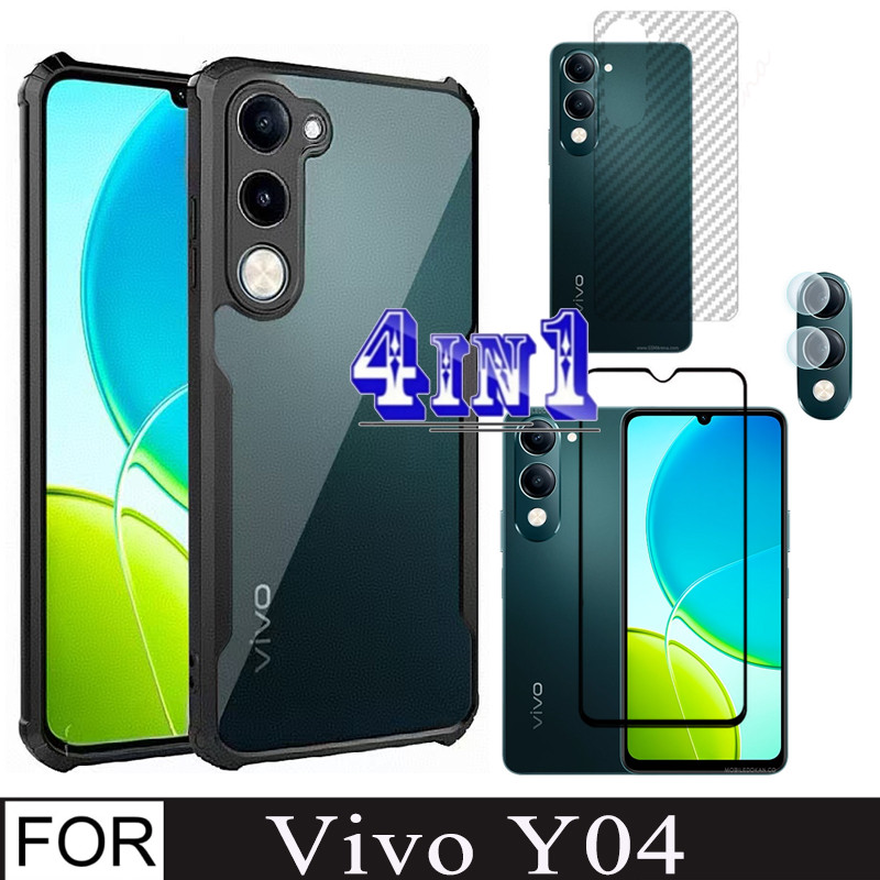 4in1 Vivo Y04 เคสโทรศัพท์กันกระแทกสําหรับ Vivo Y03 Y03T Y29s กระจกนิรภัยป้องกันหน้าจอ + ฟิล์มด้านหลั