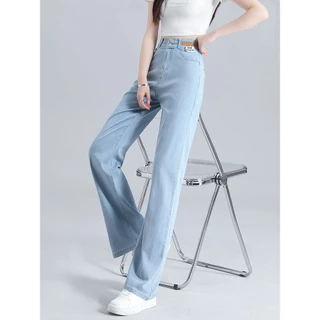 กางเกงยีนส์เอวสูงยืดหยุ่นแบบเท็นเซลสำหรับฤดูใบไม้ผลิและฤดูร้อน ทรงผอม ระบายอากาศได้ดี สไตล์เกาหลี ขาตรง
