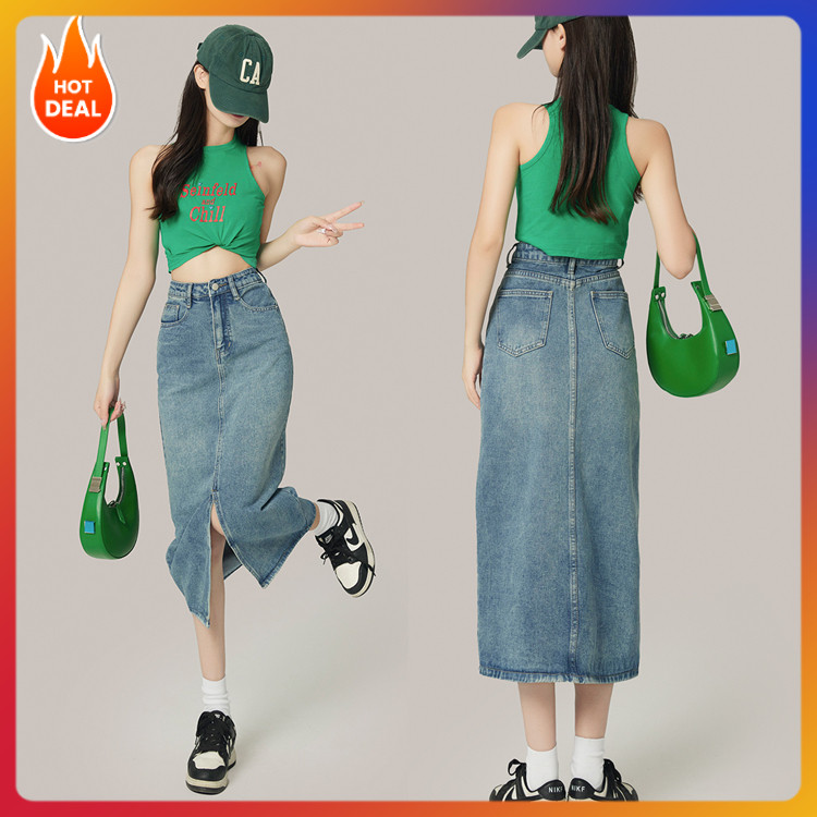 Beautified กระโปรงยีนส์ ผ่าหน้า S-3XL เอวสูง