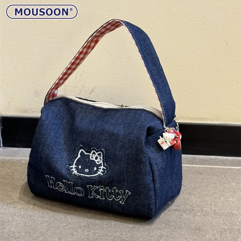 Mousoon กระเป๋าเครื่องสําอางผู้หญิงน่ารัก Hello Kitty Denim Crossbody Bag การออกแบบปัก