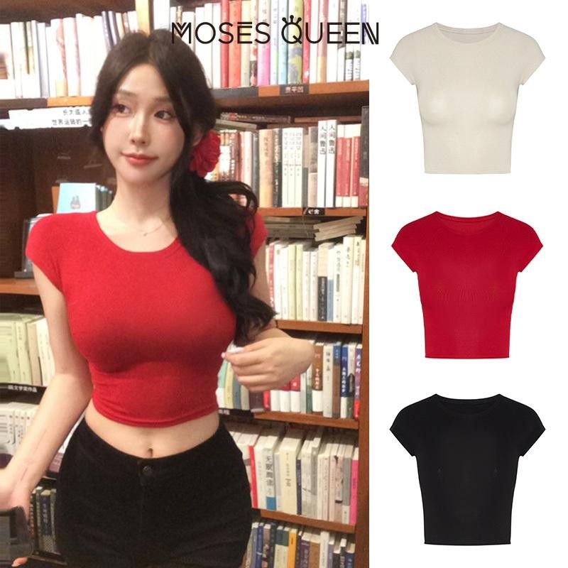 <Moss Queen>สาวเผ็ด Crop สัมผัสสั้นเสื้อยืดอเนกประสงค์ Slim Fit คอกลมนาฬิกาทรายเอวแขนสั้นผู้หญิง#621