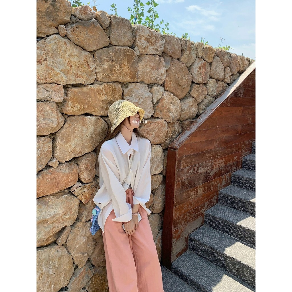 Luna Shop กางเกงลําลองผู้หญิง กางเกงขาตรงเชือกรูด หลวมๆ เรียบง่าย เนื้อผ้าบางใส่สบาย สไตล์เกาหลี 🍒 พร้อมส่ง 💕 - รูปที่ 3