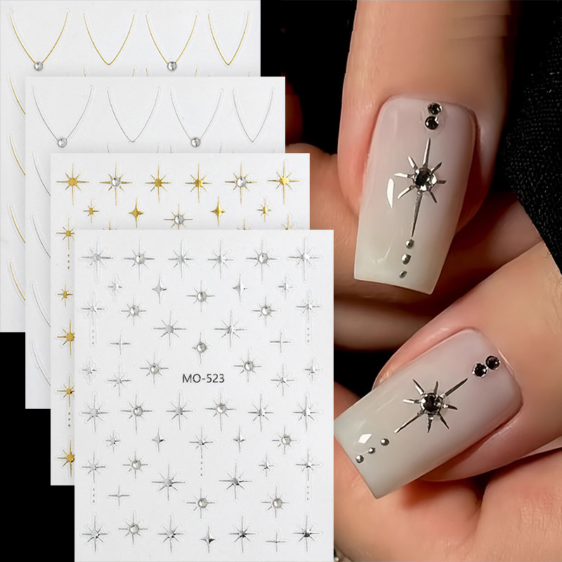 Ur SUGAR 3D Rhinestones Gold Silver Star Moon Bronzing สติ๊กเกอร์ติดเล็บ Retro Boho สไตล์ Line Design กาว Slider Decals