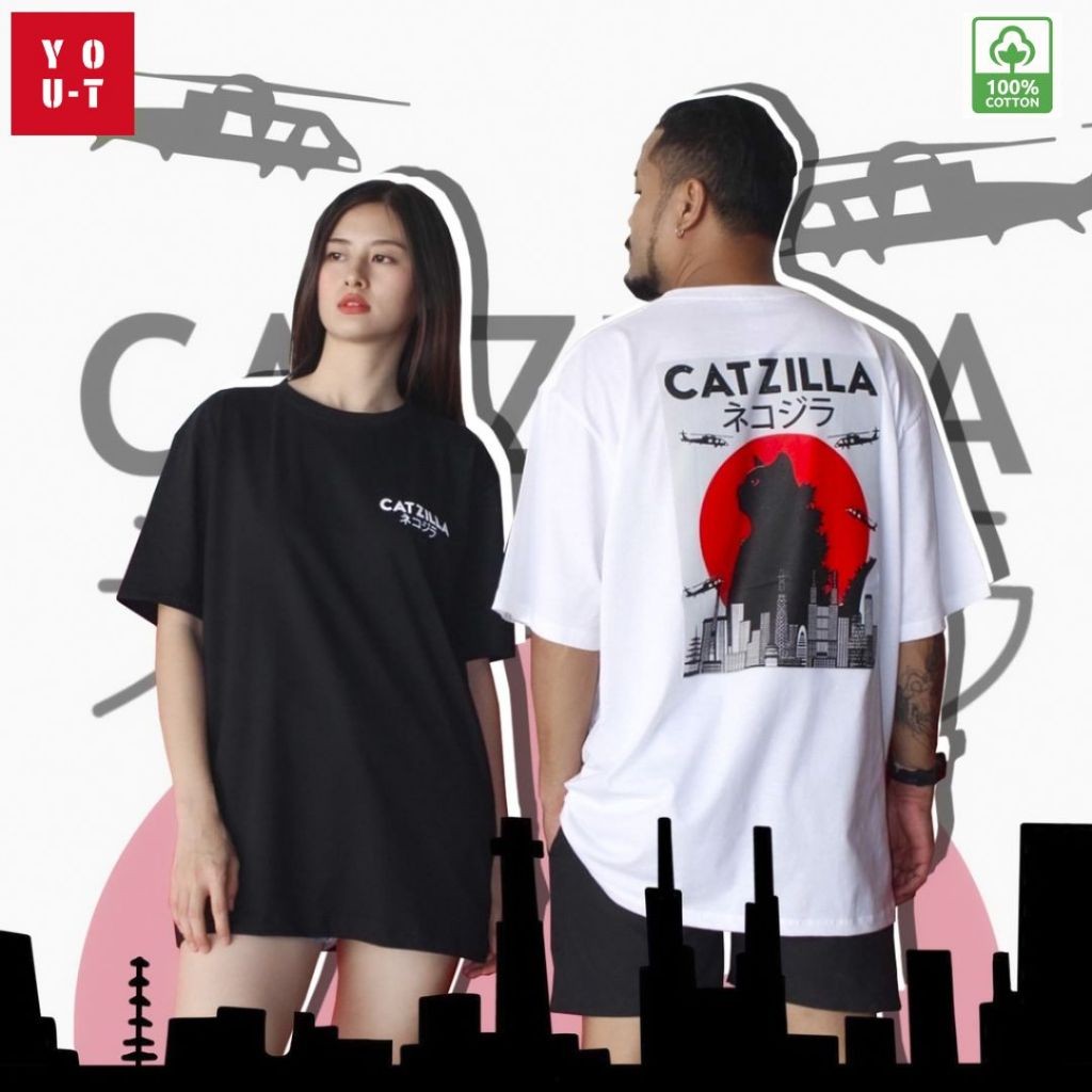 yout-trend🔥 พร้อมส่ง เสื้อยืด oversize unisex สไตล์เกาหลี ผ้าฝ้ายแท้ใส่สบาย ไม่แตกเมื่อซัก CATZILLA