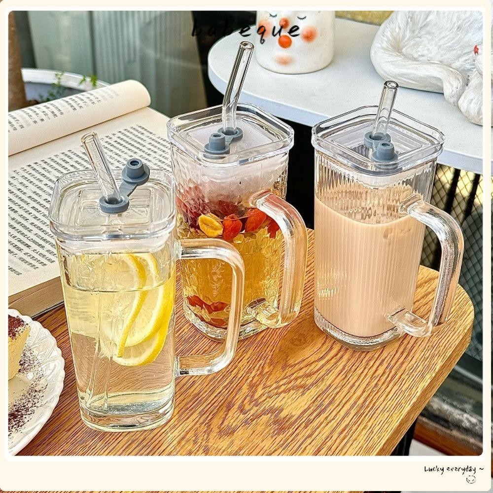 บาเบเก้ ถ้วยแก้วใส,ถ้วยกาแฟทรงสี่เหลี่ยมสไตล์ อิน,ทนความร้อนมีสไตล์พร้อมฝาปิดและแก้วฟางบ้านบาร์