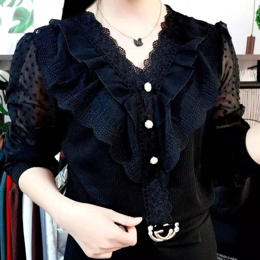 ‌เสื้อลูกไม้ผ้าชีฟองผู้หญิง-เสื้อเชิ้ตทรงหลวมพื้นเรียบมีรายละเอียดสามกระดุมเสื้อท็อปแขนยาวอเนกประสงค์‌