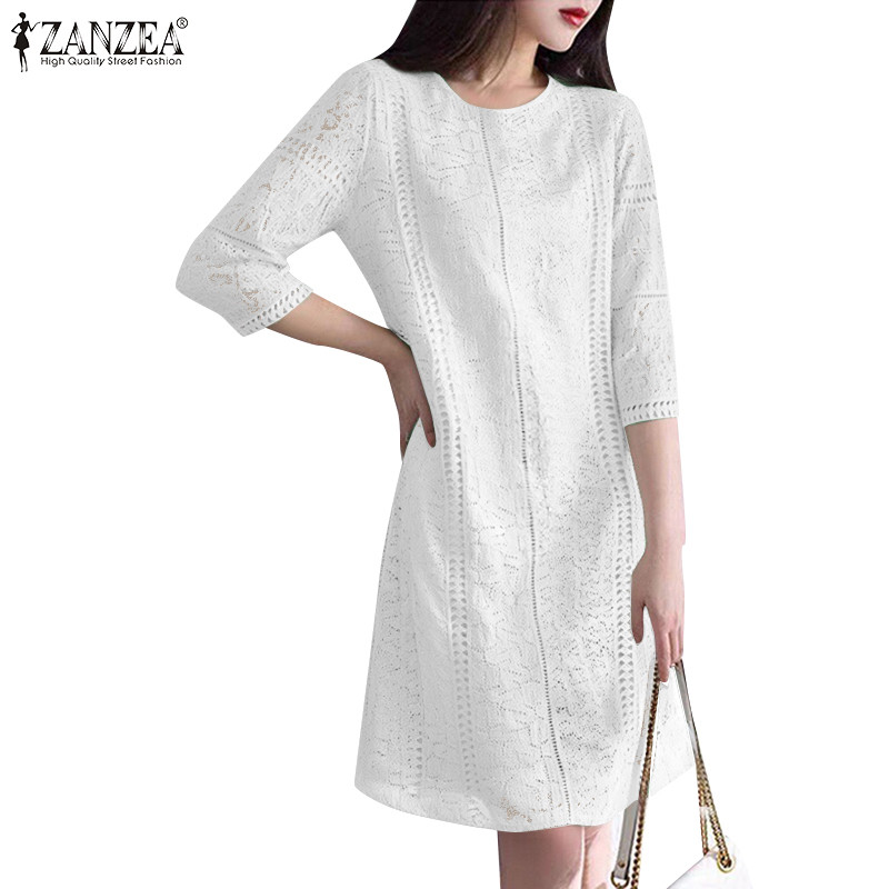 ZANZEA ชุดเดรสลูกไม้คอกลมหรูหราเกาหลีสําหรับผู้หญิง Lnee-Length