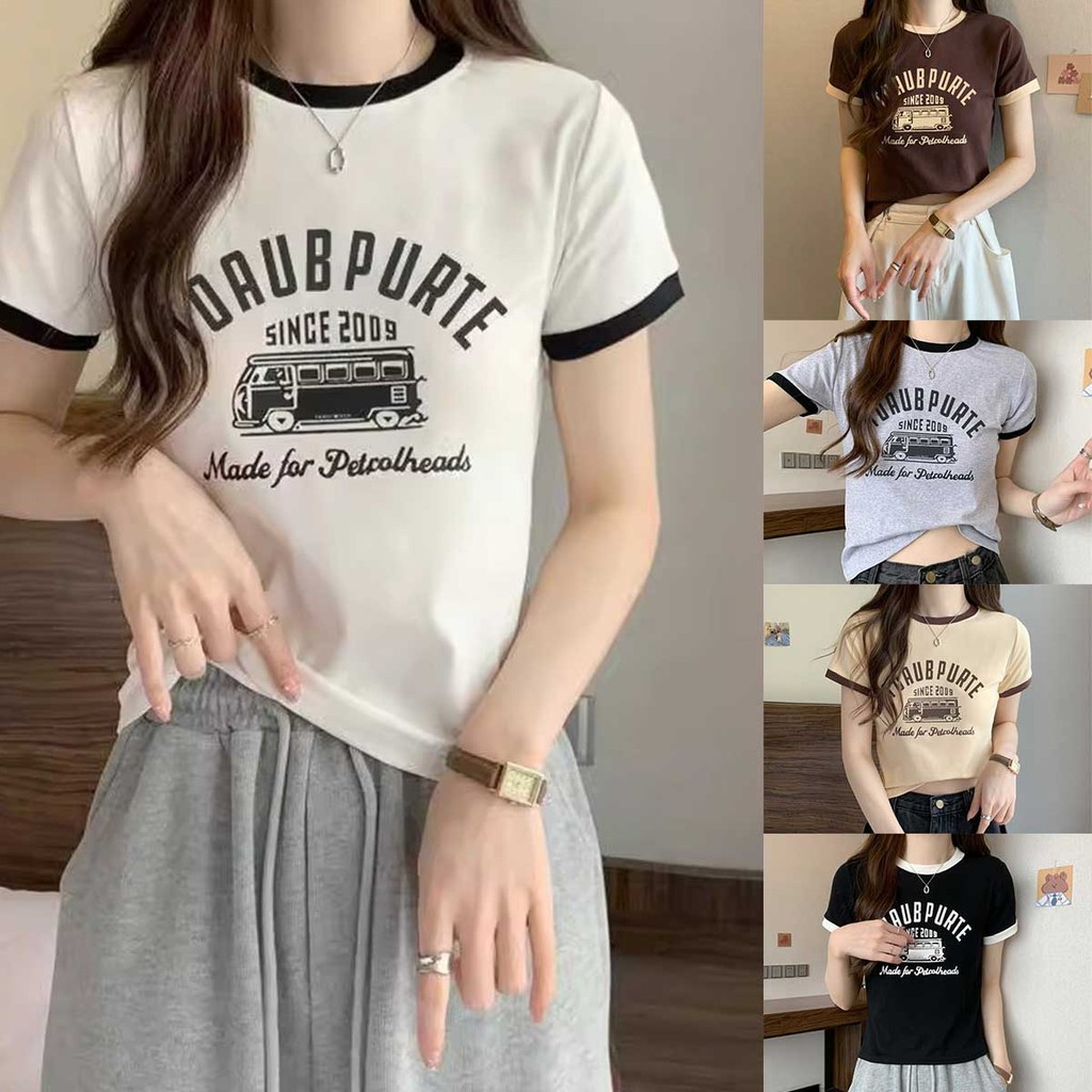 เสื้อยืดแขนสั้น ทรงพอดีตัว ลายตัวอักษร เก๋ สไตล์เกาหลี ดูทันสมัย