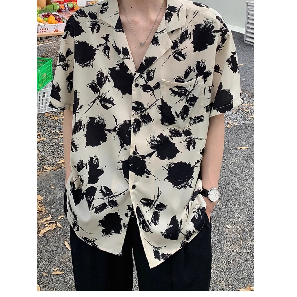 พิมพ์เสื้อดอกไม้ครึ่งแขนผู้ชายฤดูร้อนชายหาดเสื้อริมทะเลหลวมสบายๆด้านบนอินเทรนด์