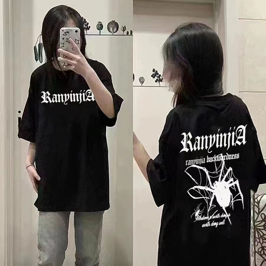 เสื้อยืดคอกลม แขนสั้น พิมพ์ลายแมงมุม ตัวอักษร ทรงหลวม แฟชั่นฤดูร้อน สไตล์เรโทร สีดํา ขาว 2024