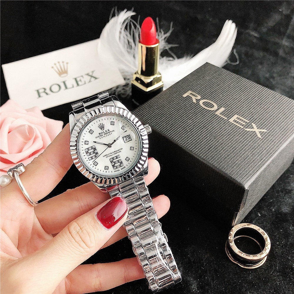 Rolex Rolex แฟชั ่ นเพชรเรียบง ่ าย studded นาฬิกาทรงกลมขนาดเล ็ กควอตซ ์ นาฬิกาสแตนเลสผู ้ หญิงจีนนาฬิกาสแตนเลสหน ้ าปัด