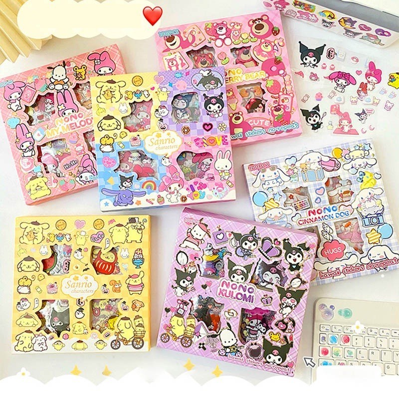 สติกเกอร์ใส ลายการ์ตูน Sanrio Kuromi Melody Cinnamoroll PET กันน้ํา สําหรับติดตกแต่งแก้ว เครื่องเขียน DIY จํานวน 100 ชิ้น