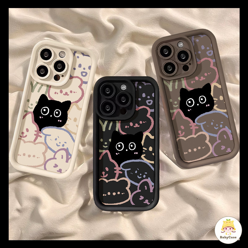 การ์ตูนน่ารักแมวดำกระต่ายสีสันสดใสหมีนุ่มเคสสำหรับ iPhone 15 11 14 13 12 Pro Max 7Plus XR 15 6 6s 8 7 Plus X XS Max