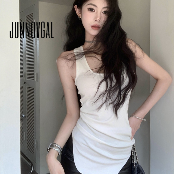 JUNNOVGAL ผู้หญิง Camisole Retro ไม่สม่ําเสมอสีทึบสบายๆสไตล์ใหม่ Slim Fit U-คอ
