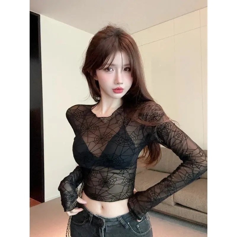 เสื้อแขนยาว ผ้าตาข่าย แบบบาง ลายแมงมุม แฟชั่นฤดูร้อน สําหรับผู้หญิง
