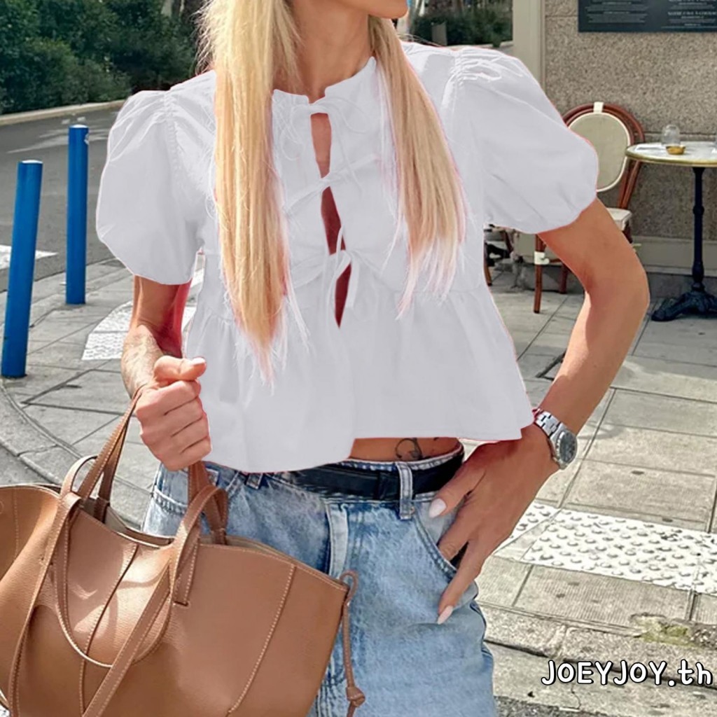 Joeyjoy-เสื้อยืดผู้หญิงฤดูร้อนสไตล์หวานแข็ง/stripe แขนสั้นพัฟรอบคอ Tie-Up ด้านหน้า Peplum Tops Streetwear