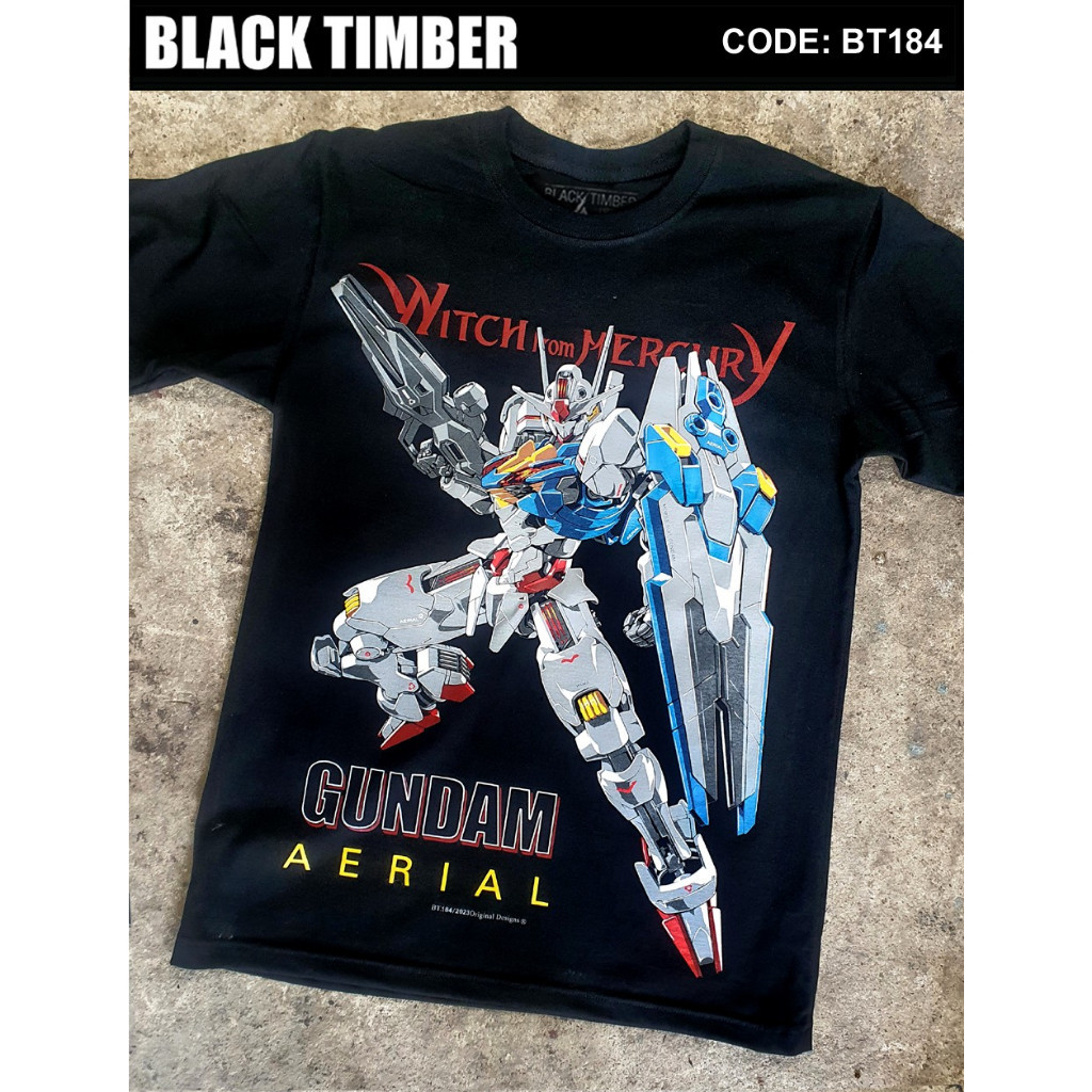ย้อนยุคFashion BT 184 Gundam Aerial The Witch From Mercury เสื้อยืด สีดำ BT Black Timber T-Shirt ผ้าคอตตอน สกรีนลายแน่น