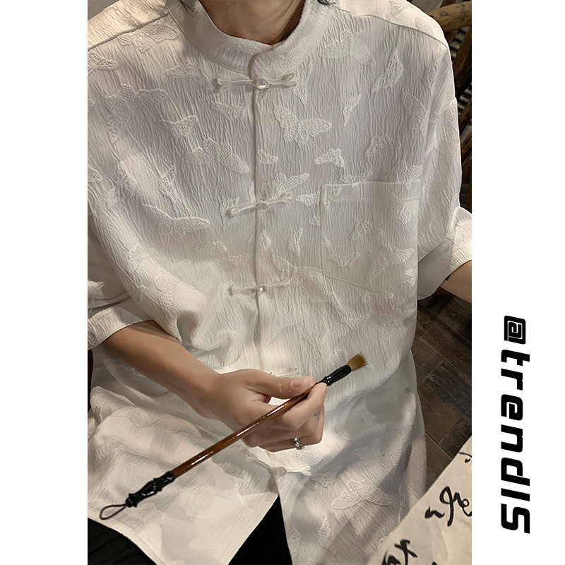 สไตล์จีนปุ่มแผ่นดิสก์ ผ้าแจ็คการ์ด ครึ่งแขนเสื้อผู้ชายฤดูร้อนใหม่สไตล์จีนอินเทรนด์รูปแบบสีเข้มเสื้อคอกลม คนพาล หล่อบาง