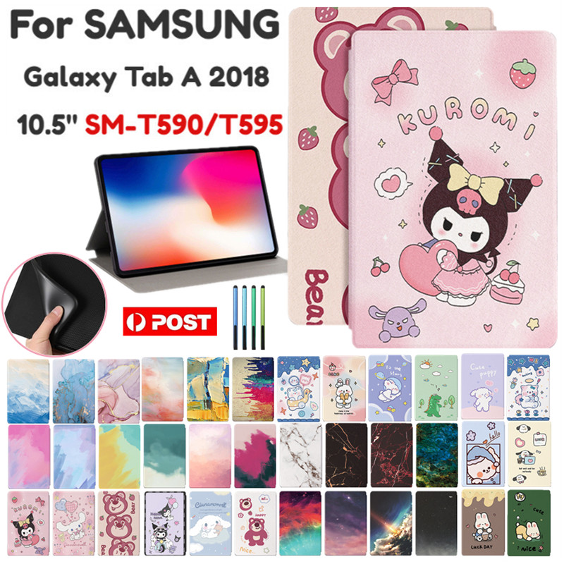 สําหรับ Samsung Galaxy Tab A 10.5 2018 SM-T590 T595 T597 Kuromi Melody Labubu Crayon Shin Chan น่ารักการ์ตูนรูปแบบหนัง + TPU แฟชั่นขาตั้งแท็บเล็ตป้องกันกรณี