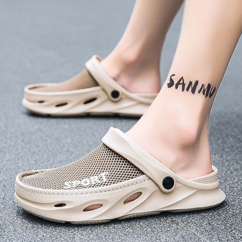 Extraordinary 2024 Lazy Hole รองเท้าครึ่งรองเท้าแตะผู้ชายฤดูร้อนสวมใส่ด้านนอกพื้นผิวตาข่าย Anti-slip Soft Sole กีฬาขับรถ Dual
