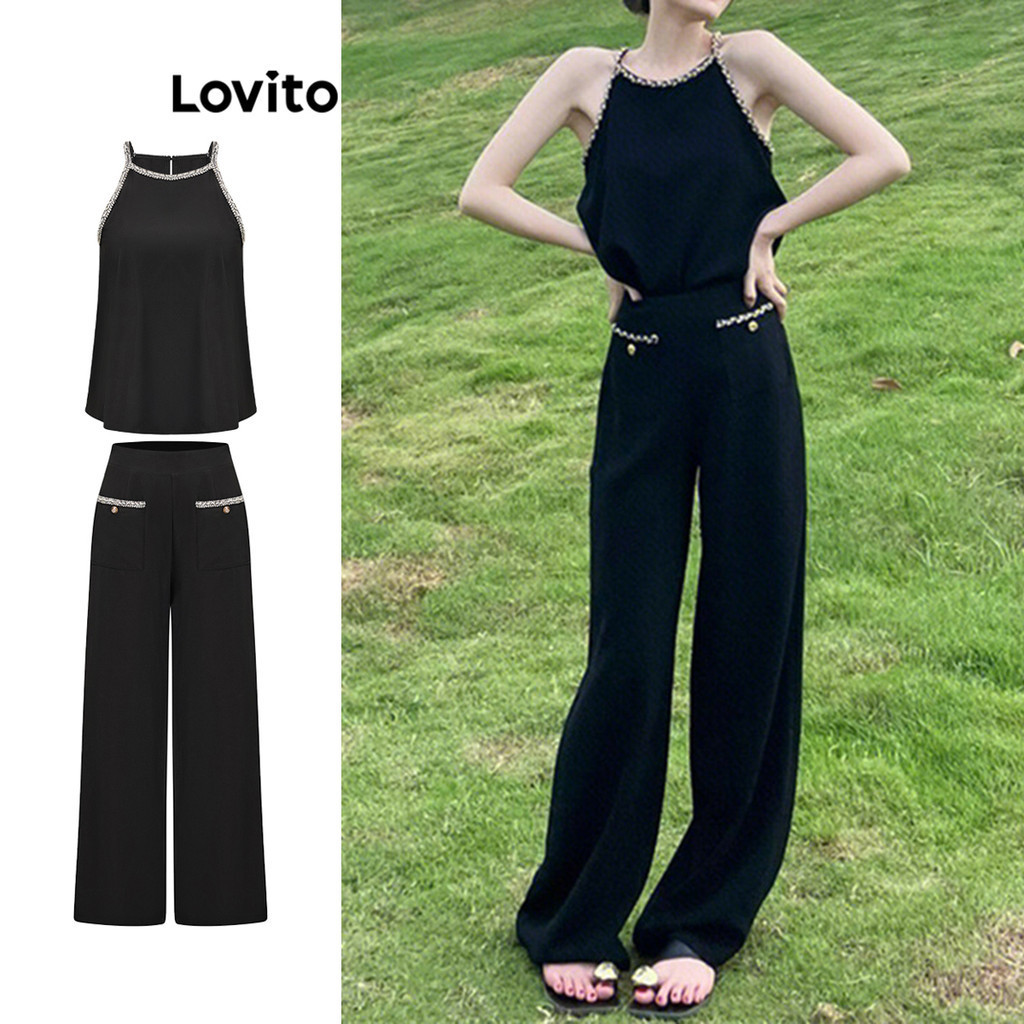 Lovito ชุดเซ็ทกางเกงขายาวผู้หญิง แต่งสายโซ่ สีพื้น สไตล์หรูหรา L87ED074