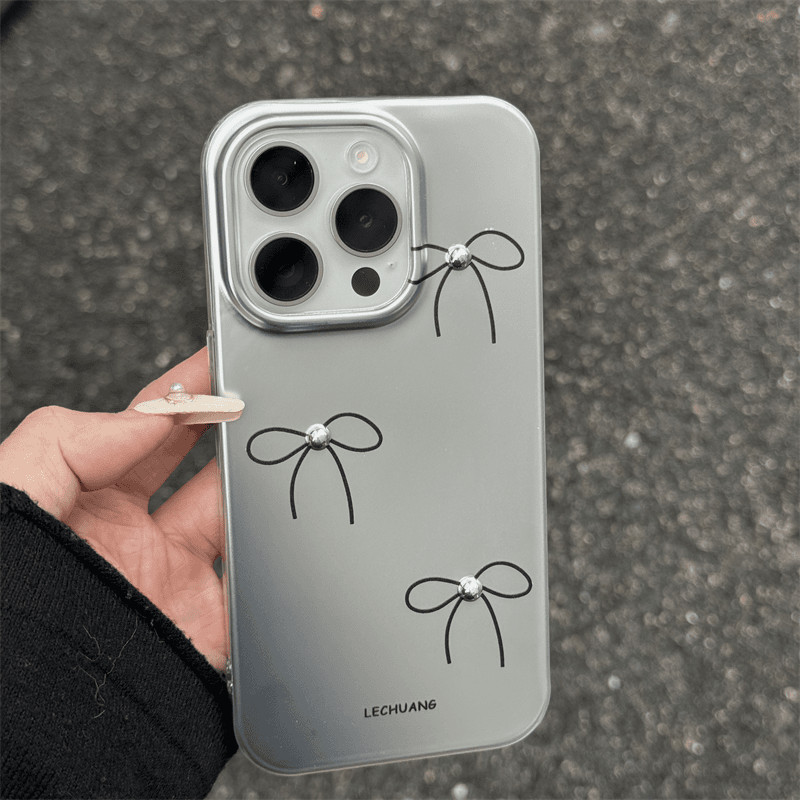 โบว์เงินชุบหรูหรา + เคสโทรศัพท์ลูกปัดสามมิติสําหรับ ไอโฟน 15 14 13 12 11 มือโปร สูงสุด ปลอกป้องกันการกระแทกกล้องป้องกันการตกกระแทกซิลิโคนแบ