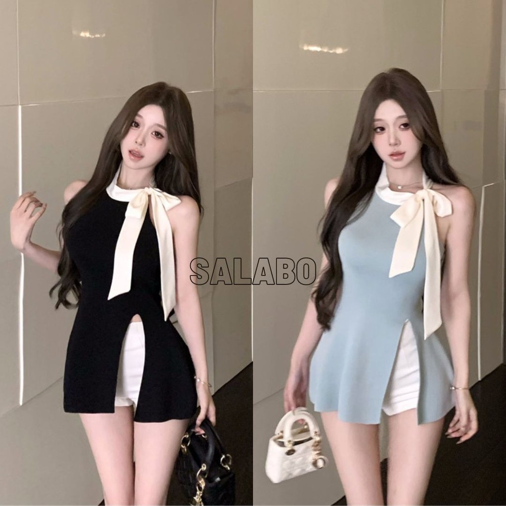 🥑Salabo🥑แขนกุดไหมพรม แต่งริ๊บบิ๊นผูกคอ ผ่าข้าง#B38