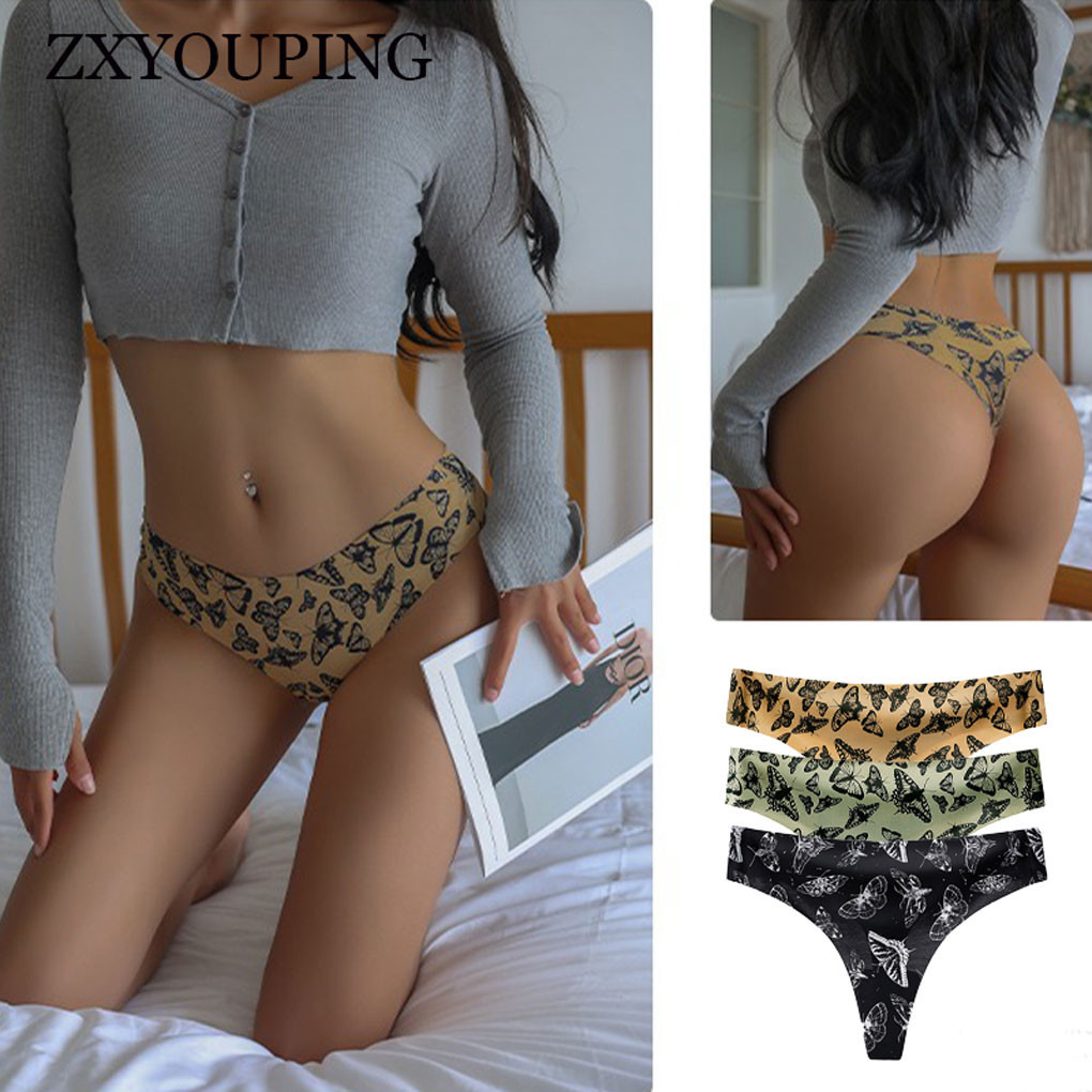 Zxyouping กางเกงชั้นในเซ็กซี่สําหรับผู้หญิง Sex T กลับกางเกงผ้าไหมน้ําแข็งไม่มีรอยต่อต่ําเอวพิมพ์ผีเสื้อ Breathable และ Quick Drying ฟิตเนสกีฬากางเกงบิกินี่ G String
