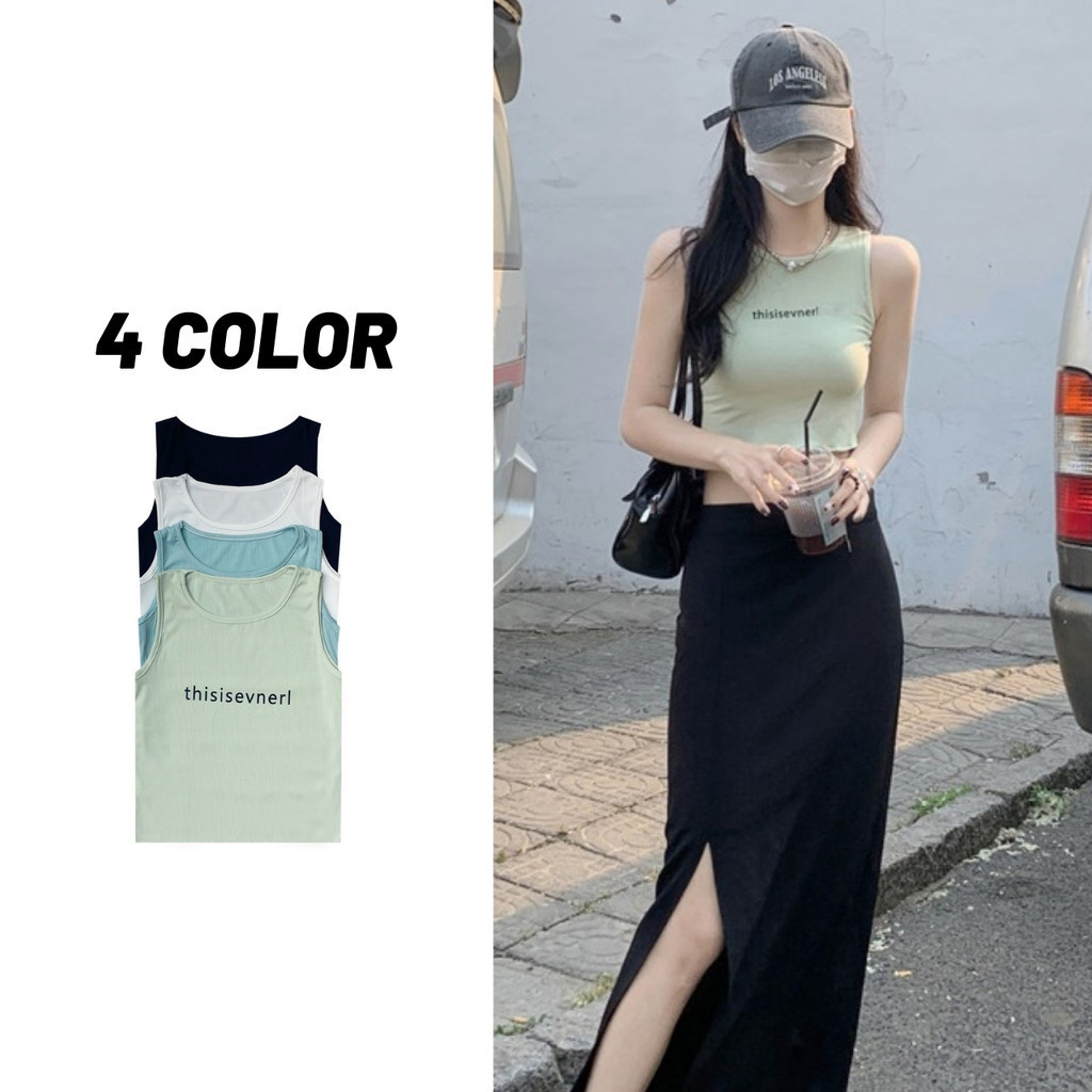 Sale80% เสื้อกล้ามครอปผ้าร่อง คอกลม อกสกรีนลาย thisissevnerl 4 สี