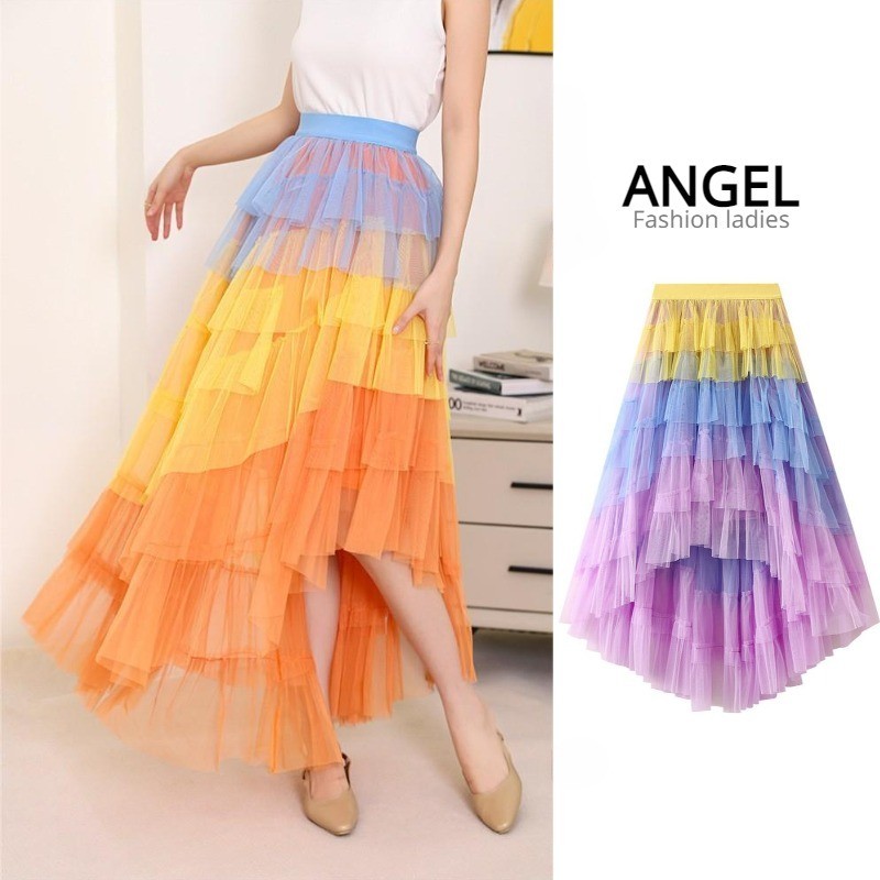 [9 สี]angel แฟชั่นผู้หญิง midi กระโปรงชั้นตาข่ายผิดปกติเกาหลียืดหยุ่นเอวสูง A-line Rainbow บางขนาดใหญ่ swing กระโปรง tulle ยาวจีบกระโปรง tutu สําหรับผู้หญิง