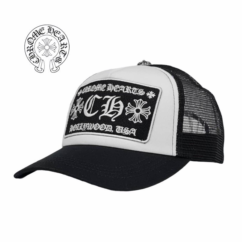 Ready Stock Chrome Hearts CH เย ็ บปักถักร ้ อย Snapback Mesh Cap สีดํา 4RWU