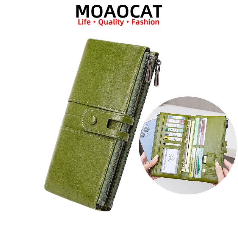 【MOAOCAT】RFID ป้องกันน้ำมันแม่เหล็กขี้ผึ้งหนังขนาดใหญ่กระเป๋าสตางค์ผู้หญิงวินเทจซิปกระเป๋าสตางค์ยาว No 1