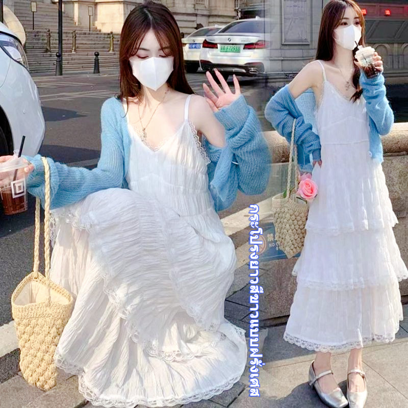 🚚พร้อมส่งจากไทย👗  กระโปรงสีขาวแบบฝรั่งเศส  ฤดูร้อนอัพเกรดรุ่นหวานลูกไม้ริมทะเลวันหยุดยาวหลายชั้น Maxi
