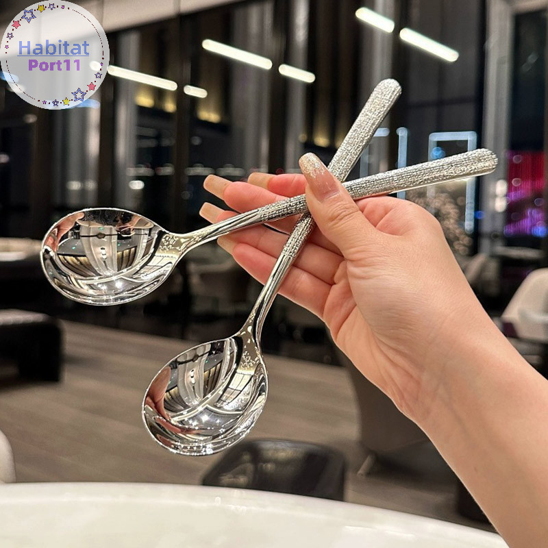 Habitatport S/L ช ้ อนสแตนเลสสไตล ์ ตะวันตกช ้ อนด ้ ามยาวช ้ อนขนมหวานในครัวเรือนรอบหัวช ้ อนซุป th
