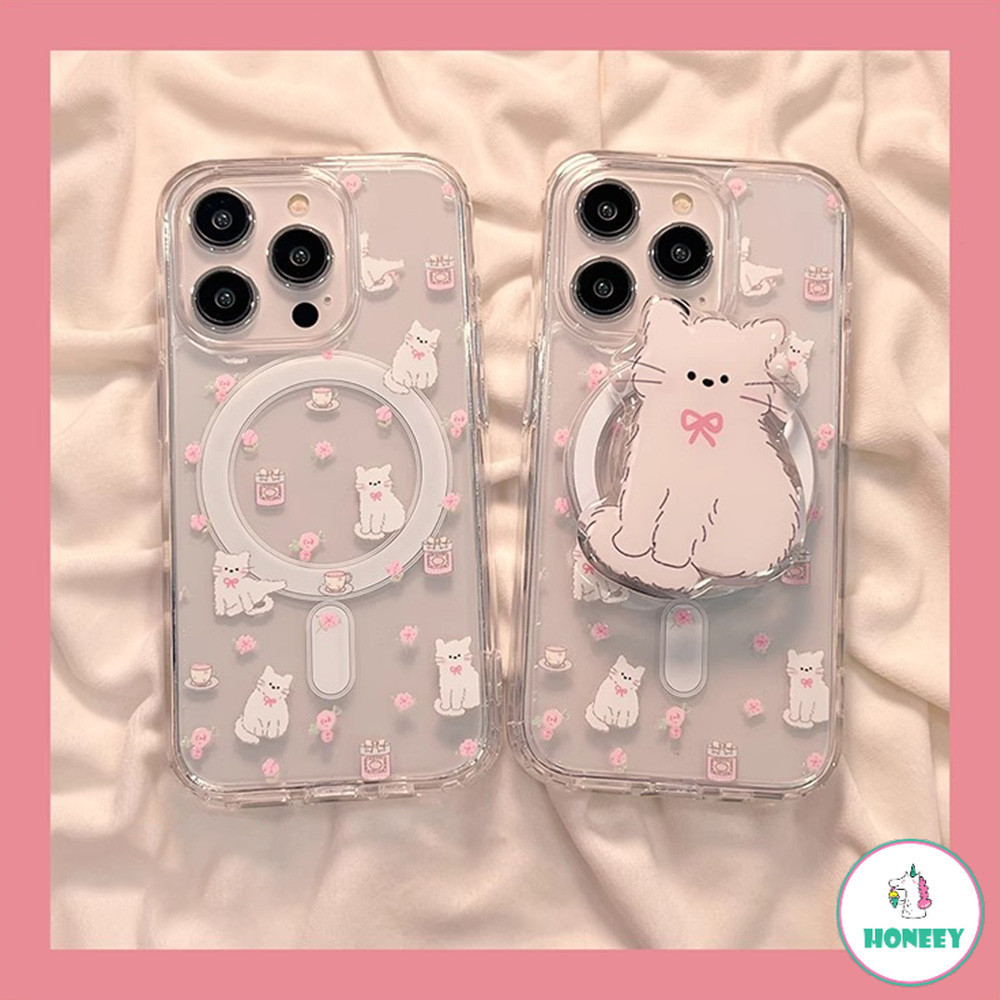 เคสโทรศัพท์มือถือแบบแข็ง ใส กันกระแทก ลายคิตตี้น่ารัก พร้อมที่จับแม่เหล็ก สําหรับ Iphone 11 15 14 Pro Max 12 13 Promax XR XS 7Plus 8Plus