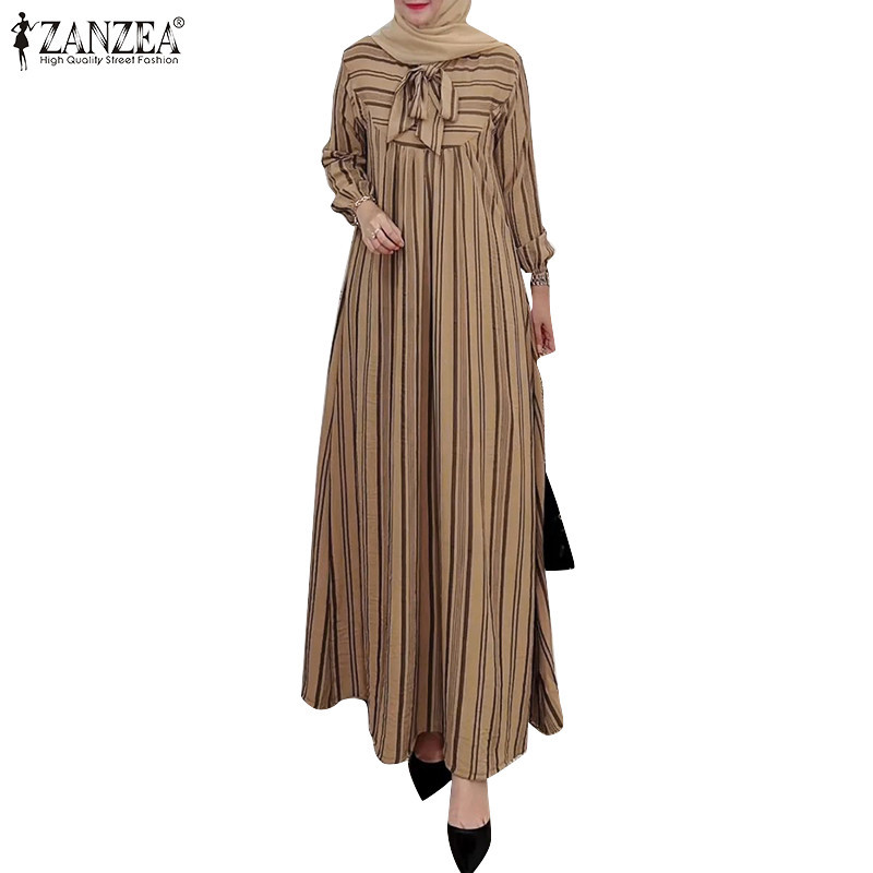 Zanzea ผู ้ หญิงมุสลิมลูกเรือคอหลวม Lace-Up Pleats ชุดเดรสลายไม ่ สม ่ ําเสมอ