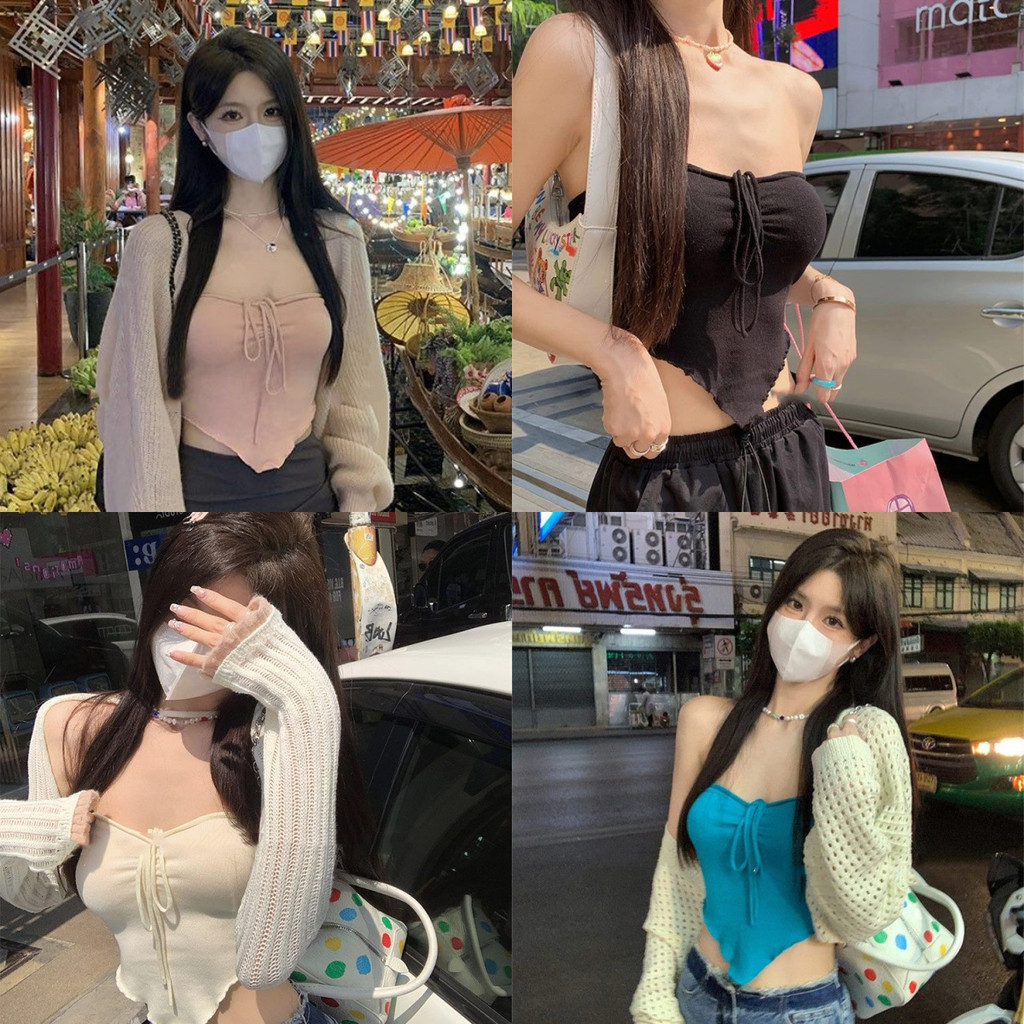 Anne ครอปกล้าม เกาะอก ผ้าร่องยืด ผ้านิ่ม โชว์ไหล่ เสื้อไปทะเล ใส่ไปทะเล #3061
