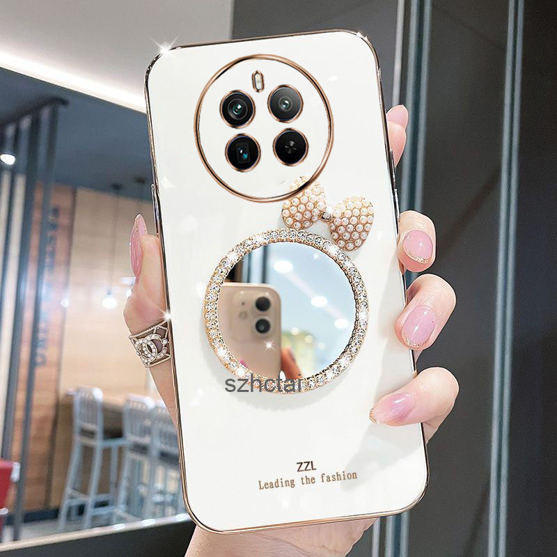 หรูหราชุบเคสโทรศัพท์realme 12 Pro Plus 12 5G Realme11 5G 11X 5G Realme 11 Realme 10 Pro Plus 5Gกรณีเชลล์พร้อมมุกโบว์แต่งหน้ากระจก