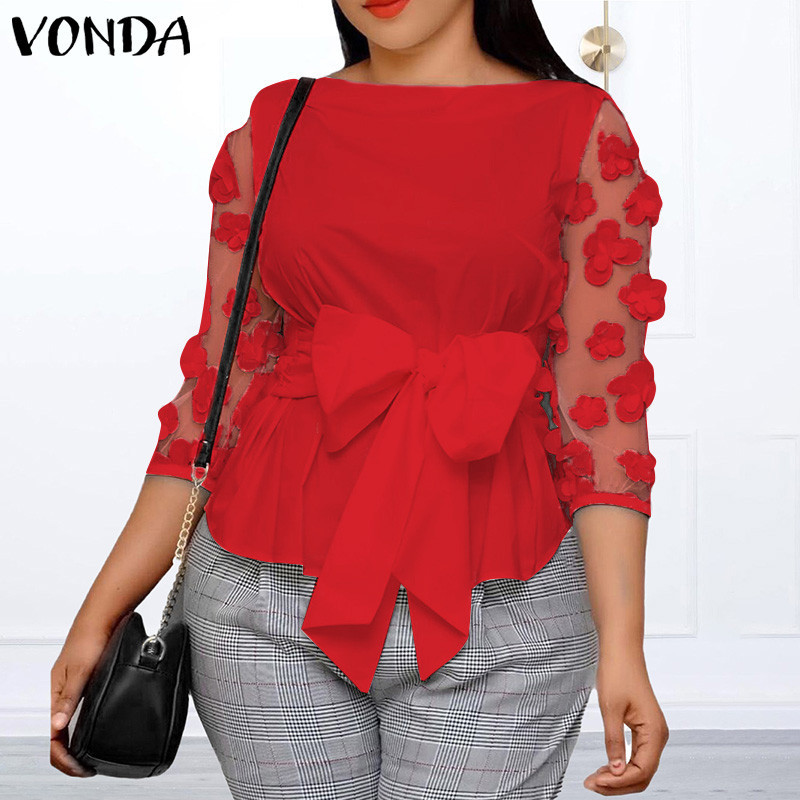 Vonda ผู ้ หญิงวินเทจลูกเรือคอ Tie-Ups ดอกไม ้ สามมิติเสื ้ อแขนกลาง