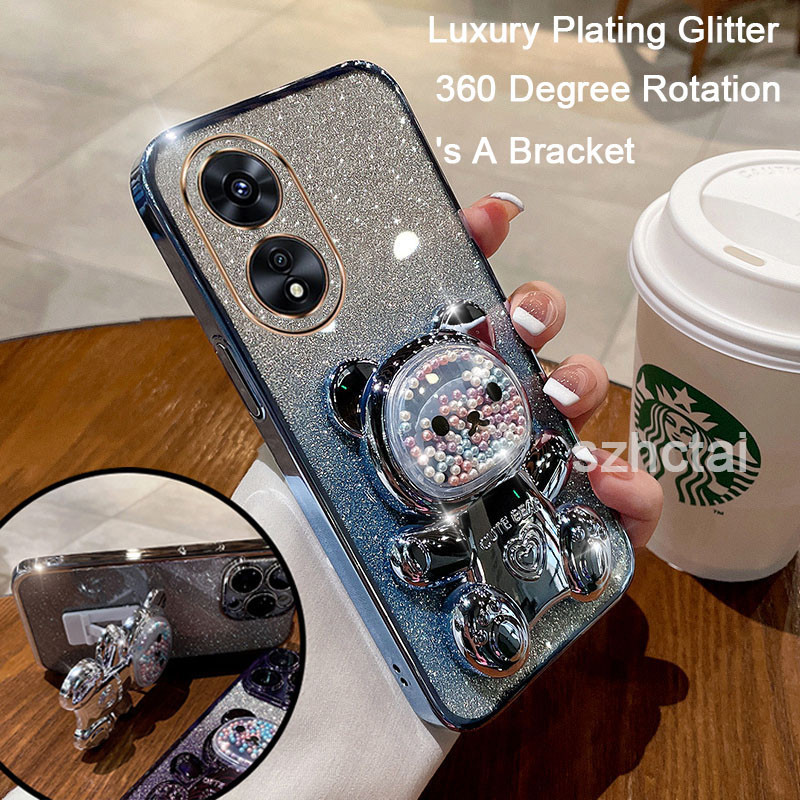 แฟชั่นglitterชุบเคสโทรศัพท์สําหรับoppo A60 A38 A18 A58 A78 5G A98 5G A17 A17K A16K A16 A15S A15 ฝาครอบโปร่งใสกรณีเชลล์หมุนได้ 360 องศาวงเล็บ