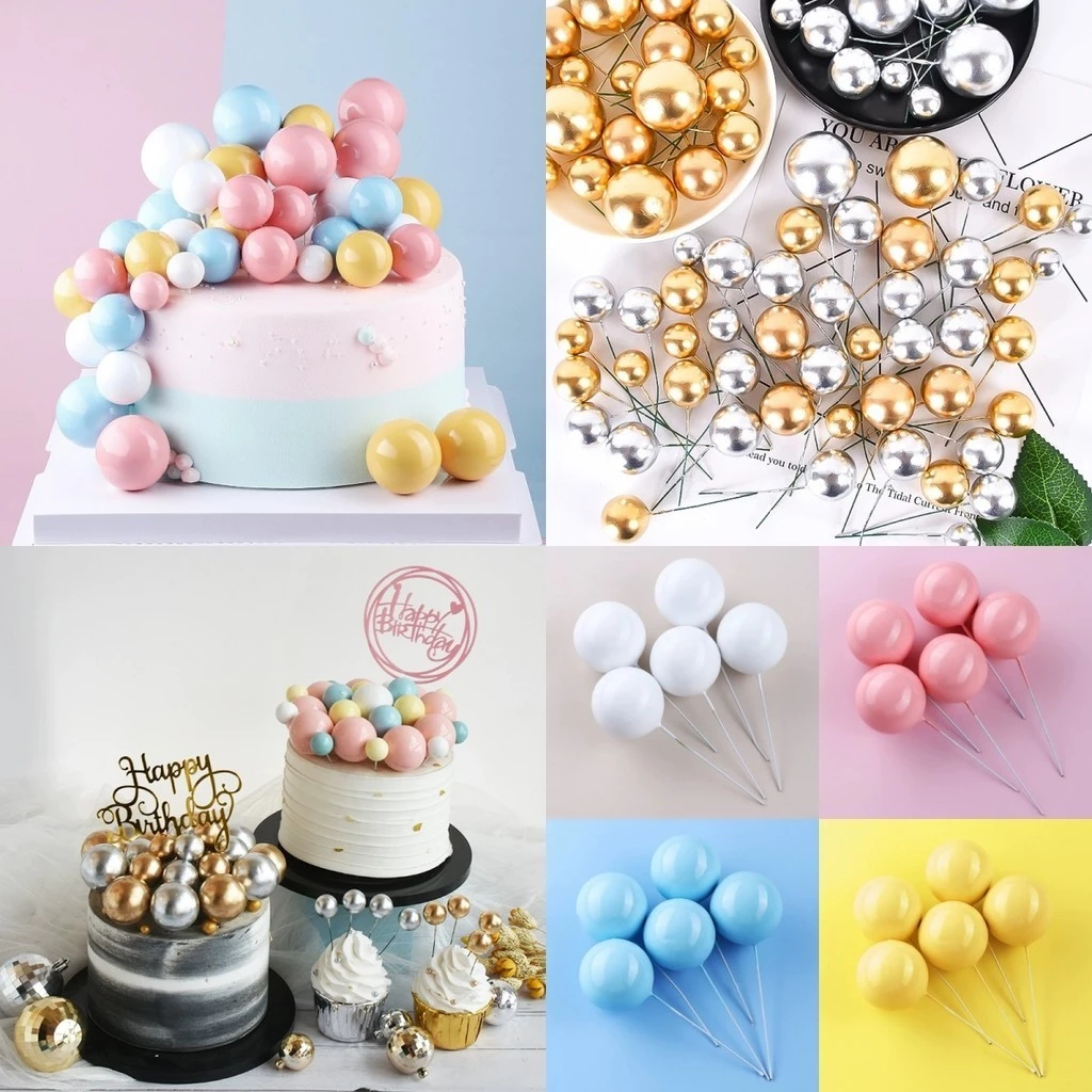 5ชิ้น/เซ็ตโฟมบอล เค้กตกแต่งปลั๊กอินบอลทองลูกเงินสีโฟมบอลมาการองเค้กตกแต่ง