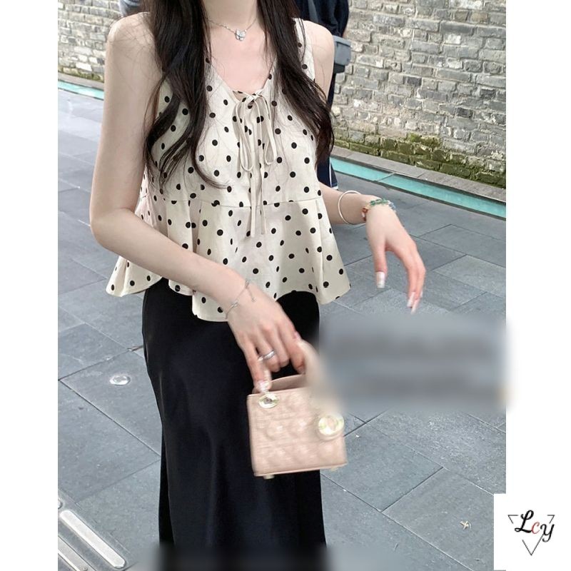 ขนาดใหญ ่ ขนาดเกาหลีชุด Classy ชุดสาวร ้ อนชุดฝรั ่ งเศส 2025 ฤดูร ้ อนเกาหลีรุ ่ น Polka Dot Top ผู ้ หญิงแขนกุดสั ้ น V คอ Ruffled Camisole Fishtail กระโปรงฤดูร ้ อน