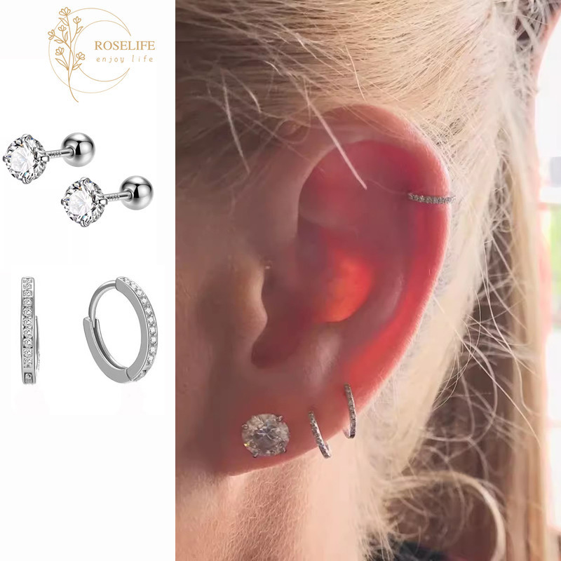 Roselife Minimalism คริสตัลเงินเจาะบาง Hoop ต ่ างหูสําหรับสาว Elegant หูวงกลมเครื ่ องประดับอุปกรณ ์ เสริม
