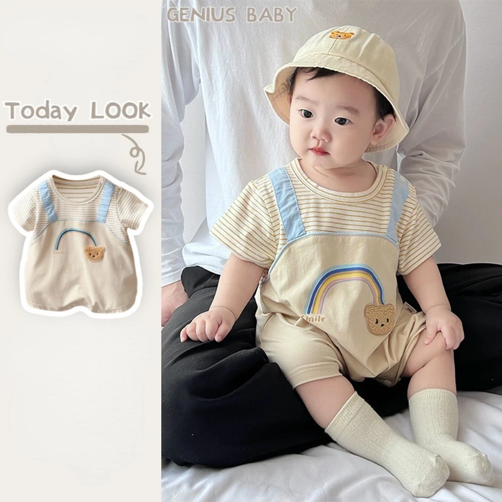 ฤดูร้อนใหม่เสื้อผ้าเด็กชายหญิงบอดี้สูทแขนสั้น 0-24 เดือนทารกบางน่ารักสุดน่ารักหมี ประกบกัน ลาย ชุดรอมเปอร์